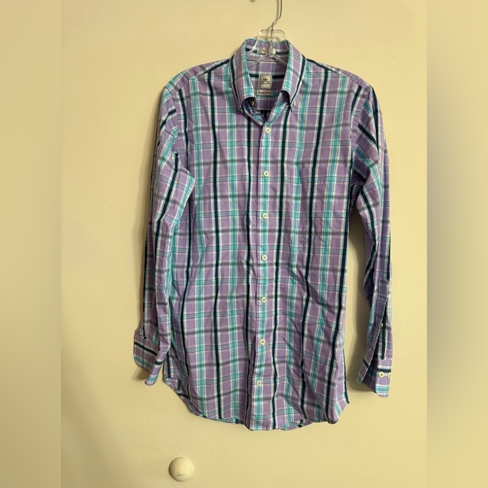 Peter Millar Seaside Finish Men’s Button Down Shirt Purple Blue Plaid Sz Small S